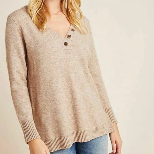 Anthropologie Serena button v-neck sweater ribbed edge long sleeve soft knit S