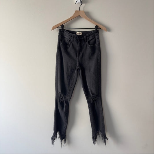 L’Agence Distressed High-Rise Dark Gray Jeans Ripped Destroyed Made in USA zip