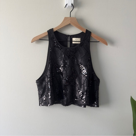 Anthropologie Pins and Needles Black Sequin Crop Tank Top sleeveless cropped NWT