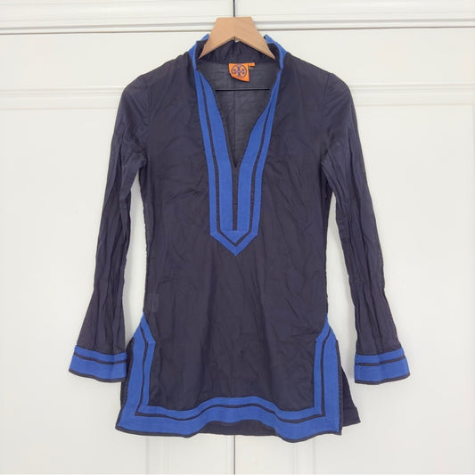 Tory Burch 100% Cotton Long Sleeve Tunic Top Lightweight Preppy Slit Hem Zipper