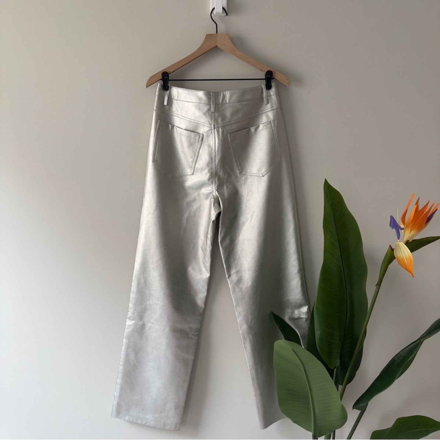 Wayf Silver Metallic Pants straight leg futuristic zip button pockets belt loops