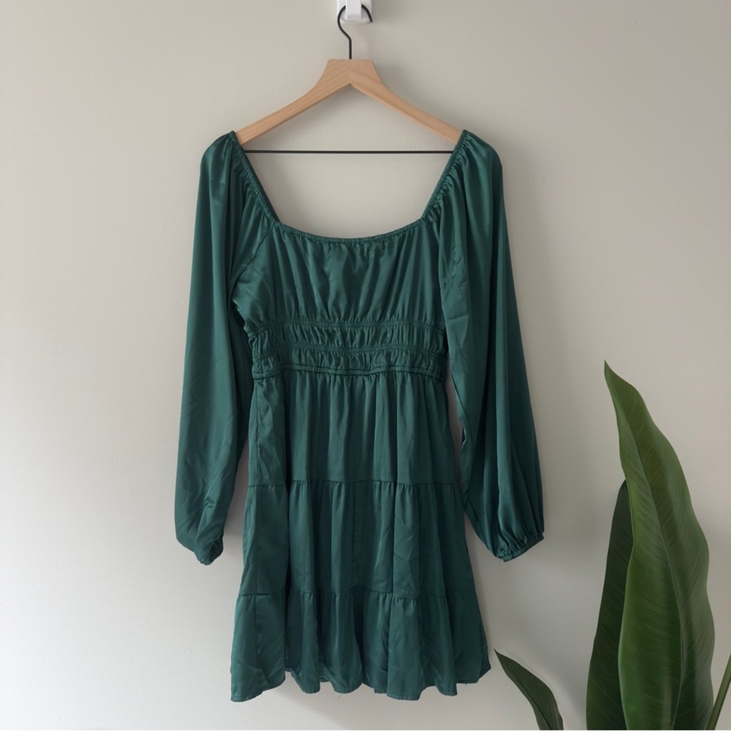 Altar’d State Emerald Green Long Sleeve Dress Tiered A-Lined Square Neck Ruched
