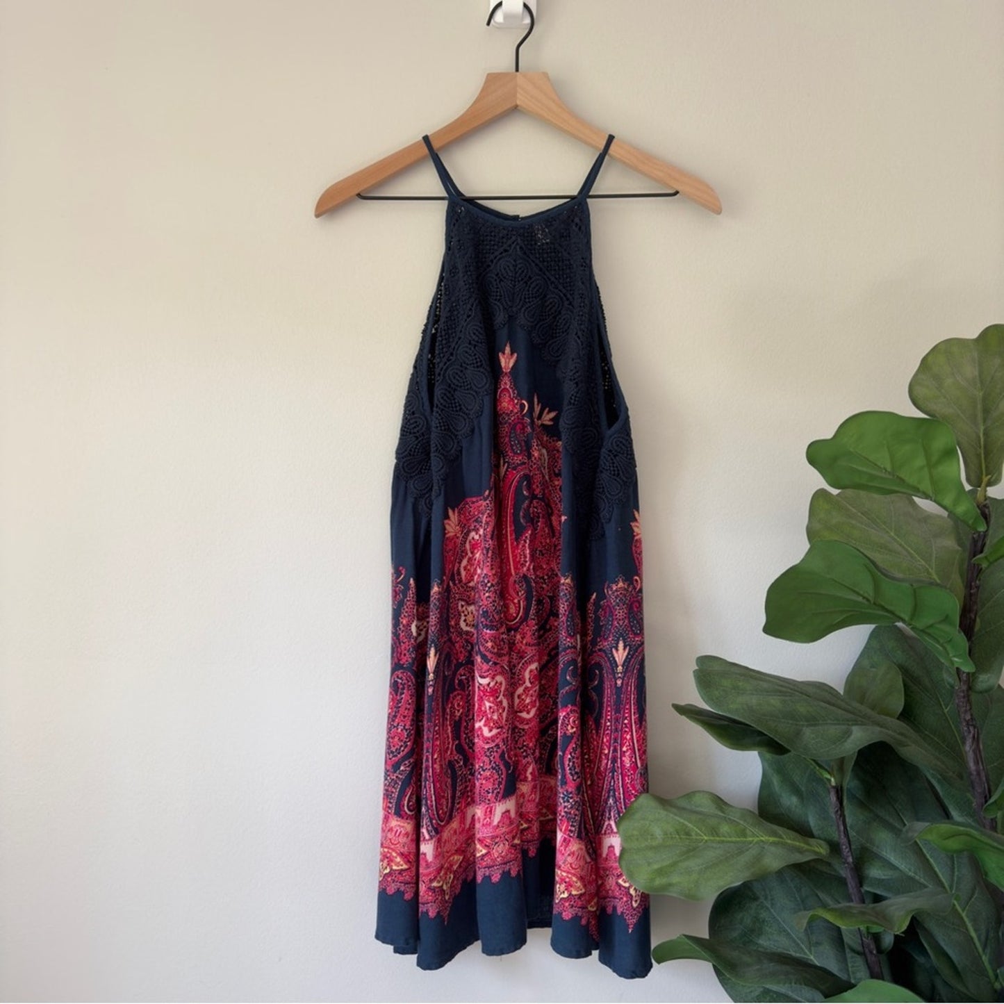 Free People Intimately Boho Paisley Pattern Spaghetti Strap Dress Button Up Lace