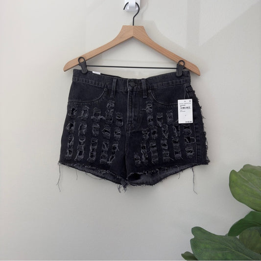 Good American Distressed Cut Off Jean Shorts Cutout Recycled Cotton Pockets Zip