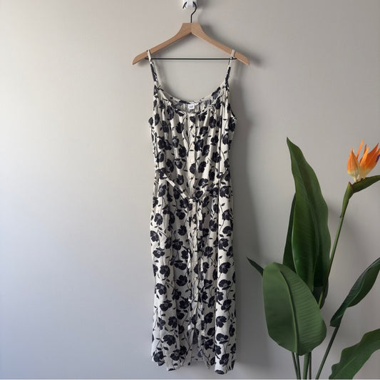 GAP Tie-Waist Scoopneck Midi Dress in White Black Floral Button Down Front M NWT