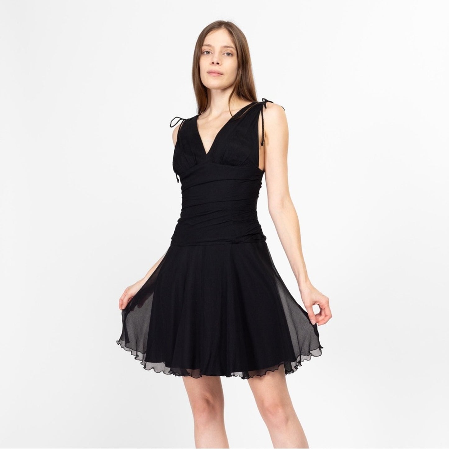 Express Vintage Y2K 100% Silk Shell Black V-Neck Mini Dress A-Line Sleeveless 12