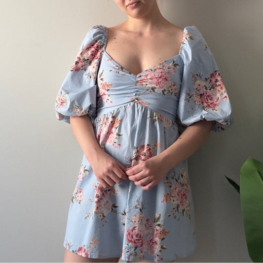 Altar’d State Floral Blue Puff Sleeve Mini Dress Scoop Neck Cutout Smocked Back