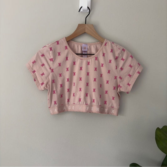 Savage X Fenty Cotton Jersey Crop Top Pink Ash X Link Print Short Sleeve Stretch