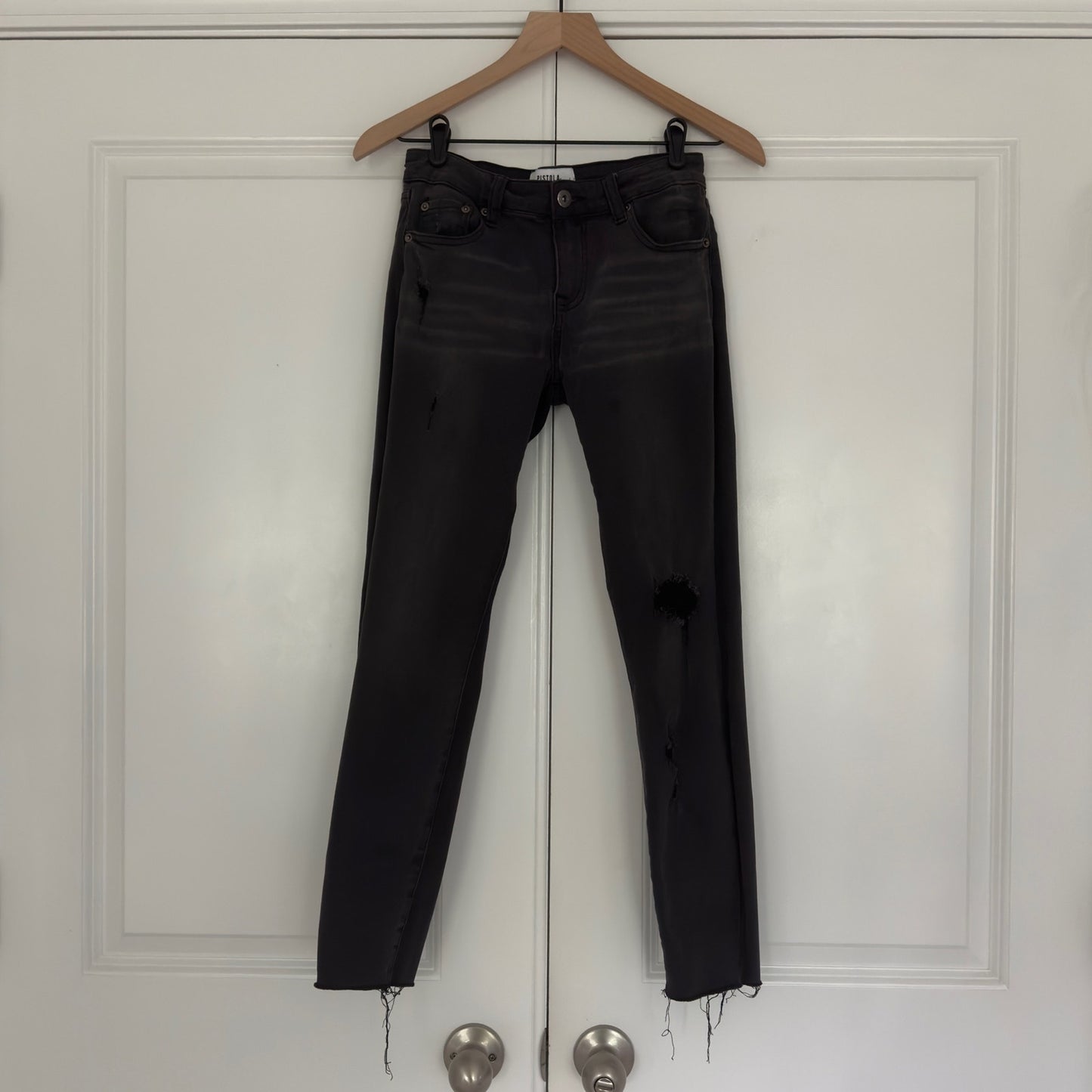 Pistola distressed raw hem skinny jeans charcoal Wash 5-pocket zip button ripped