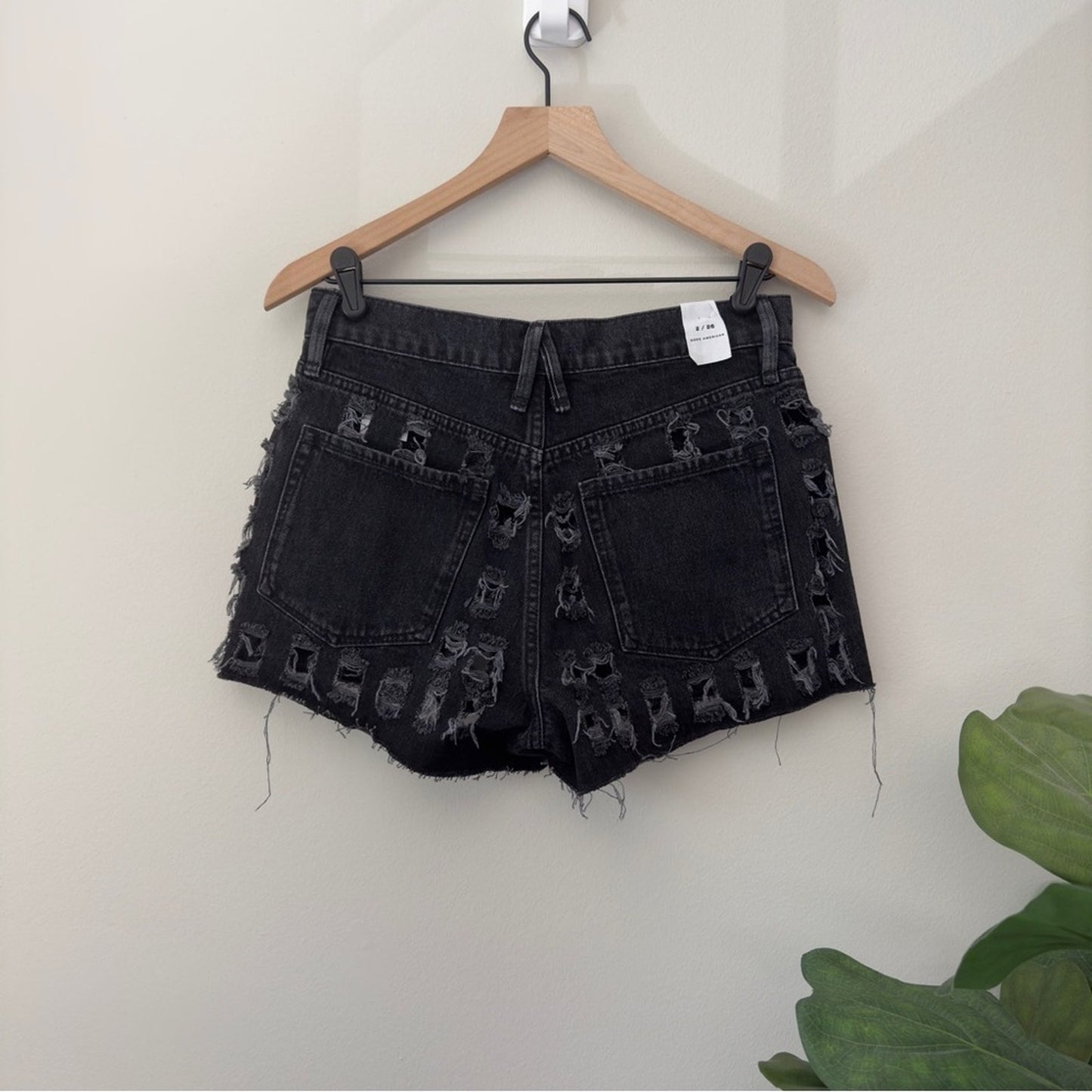 Good American Distressed Cut Off Jean Shorts Cutout Recycled Cotton Pockets Zip