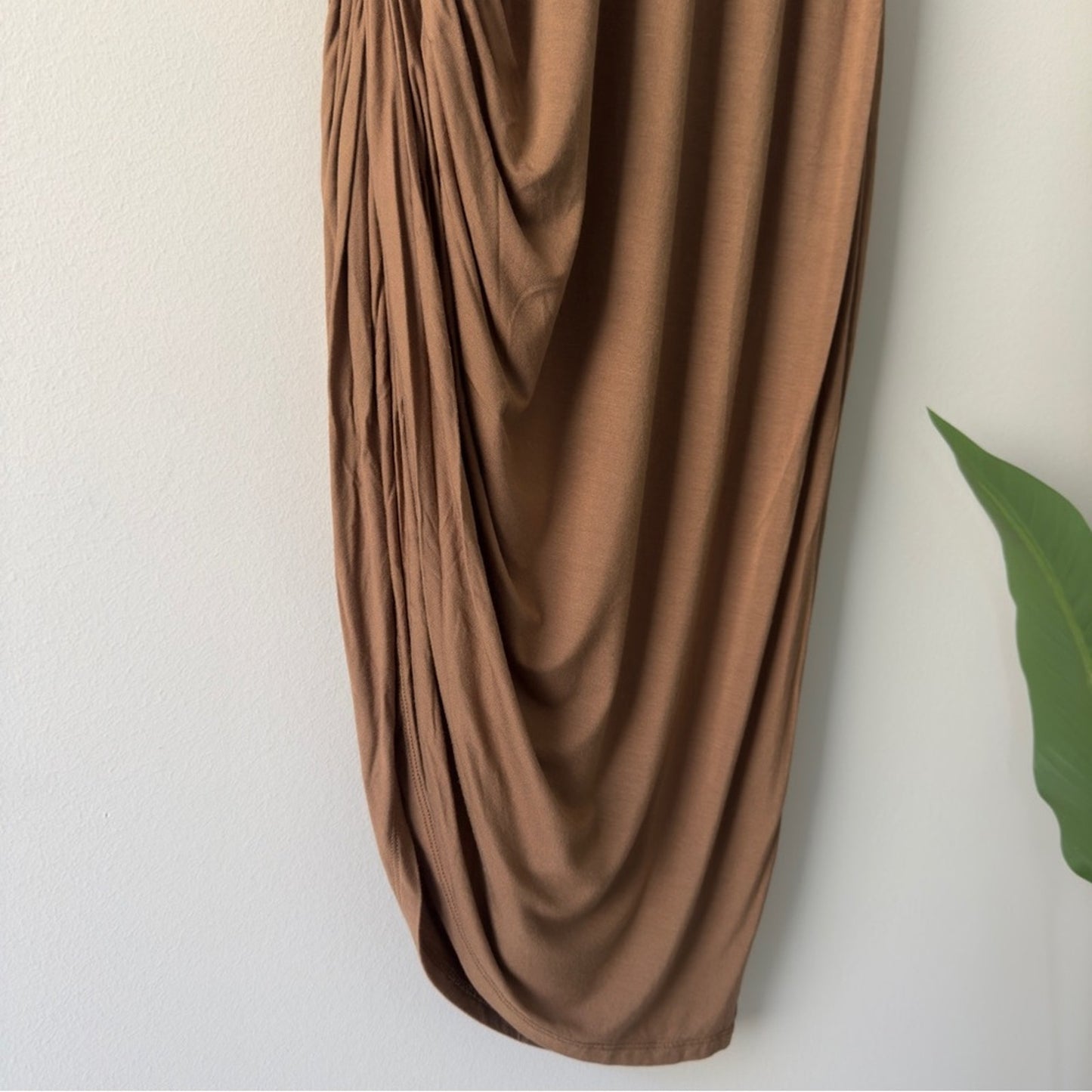 Lovers + Friends Revolved Tan Midi Dress cinched ruched asymmetric sleeveless L