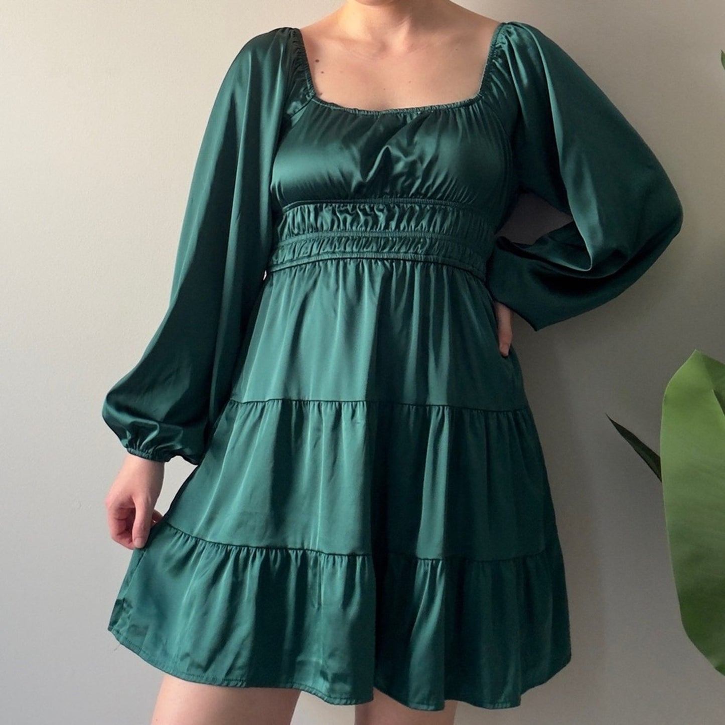 Altar’d State Emerald Green Long Sleeve Dress Tiered A-Lined Square Neck Ruched