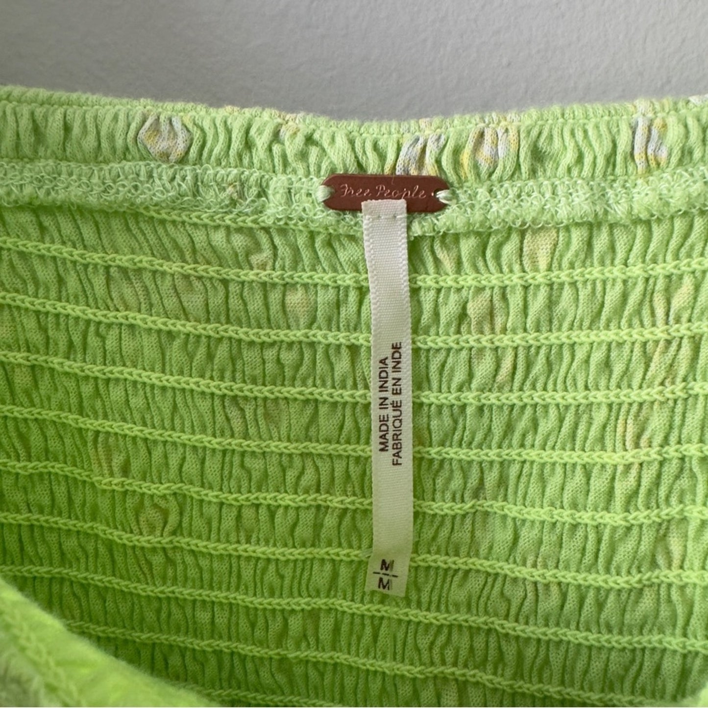 Free People Marigold Top in Key Lime Combo Smocked half Sleeve Cropped top green