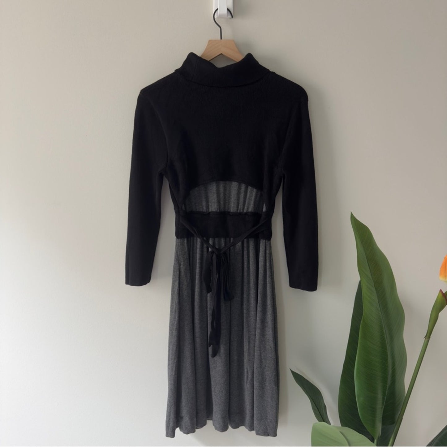 Anthropologie Moth Turtleneck Black Gray Ribbed Knit Dress Tie Waist long sleeve