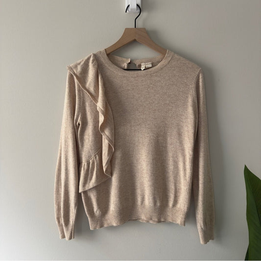 Anthropologie Moth Ruffle Beige tight Knit Sweater long sleeve crew neck keyhole