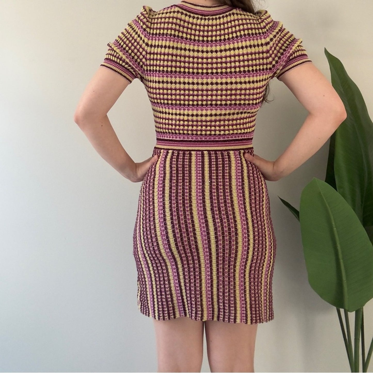 Free People metallic striped knit mini dress short sleeve high neck cotton EUC