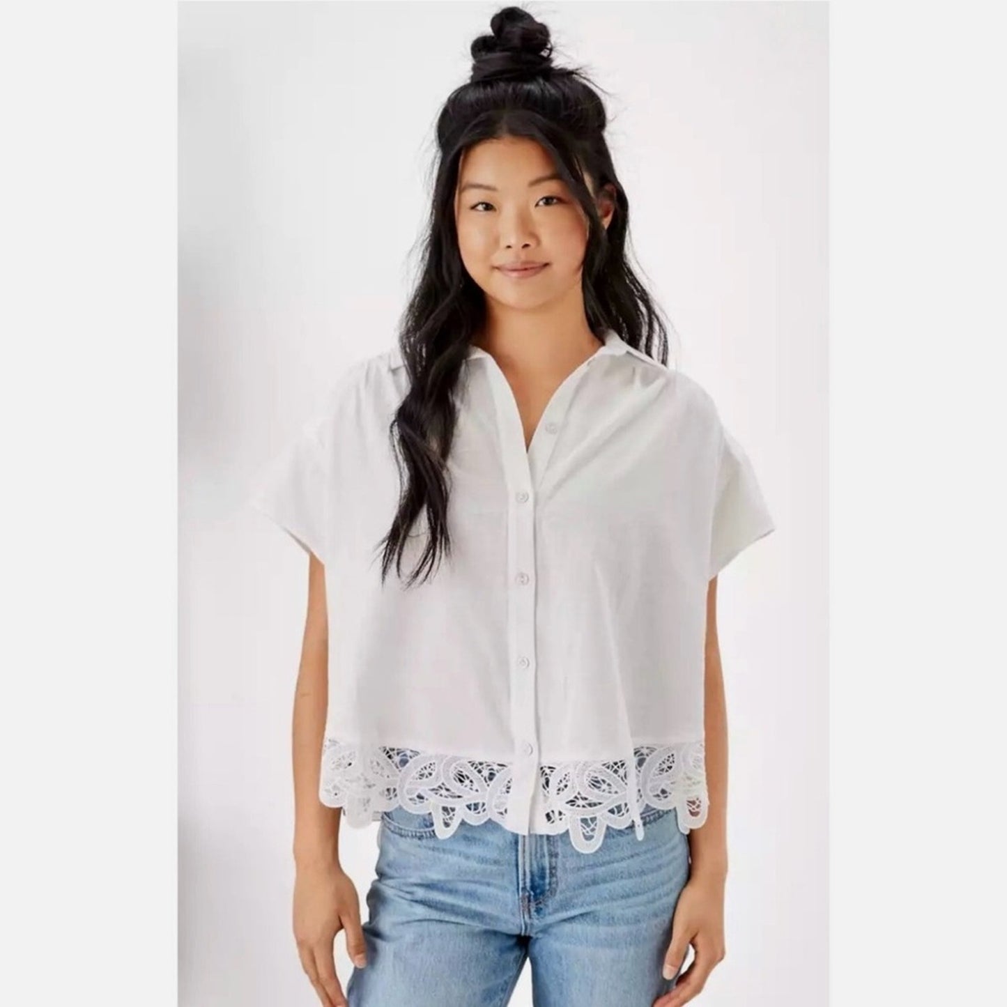 American Eagle Cotton Linen Blend White Button-Down Shirt Lace Hem Collared NWT