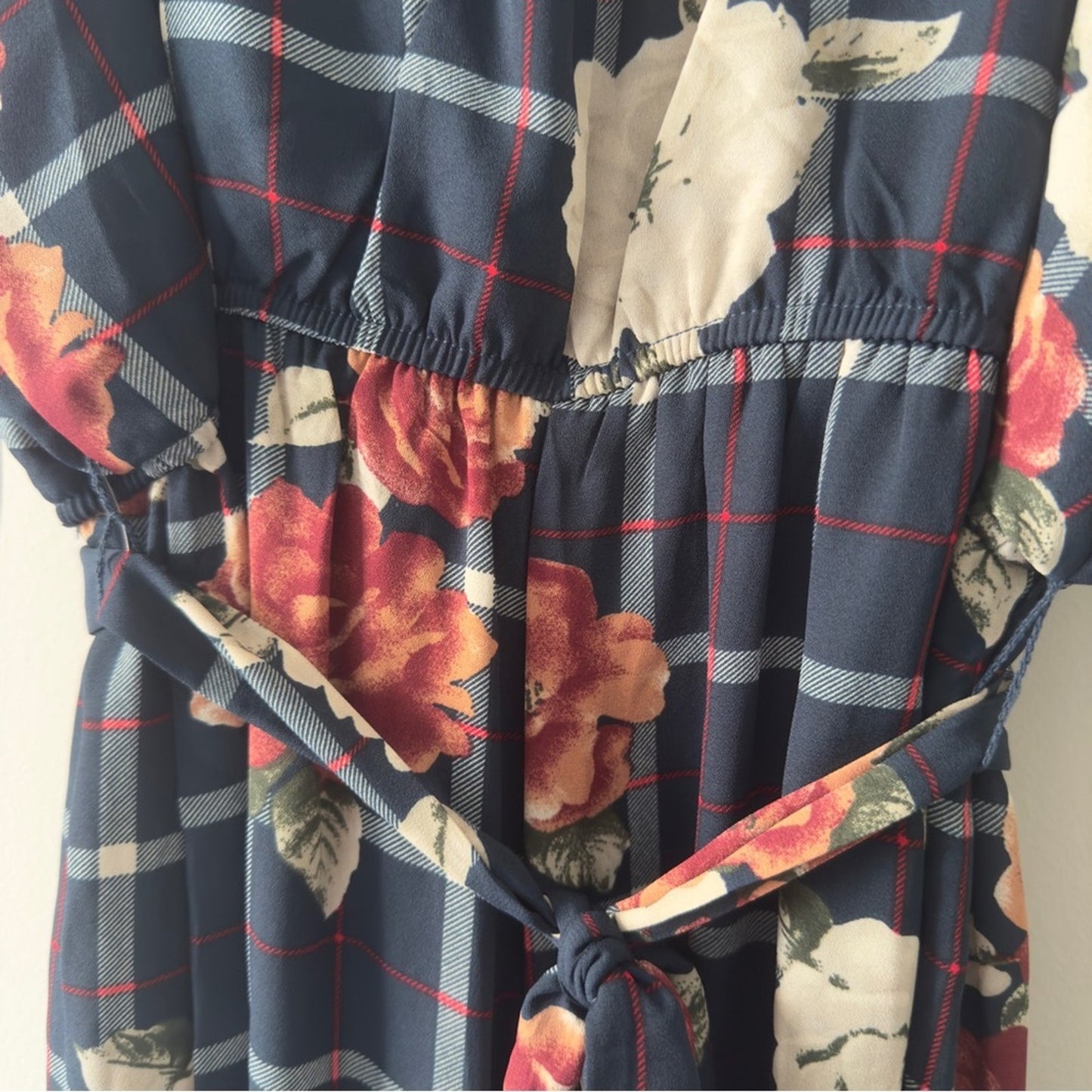 Buckle As U Wish Navy Floral Checkered Jumpsuit Tie Waist Cropped Spaghetti Blue