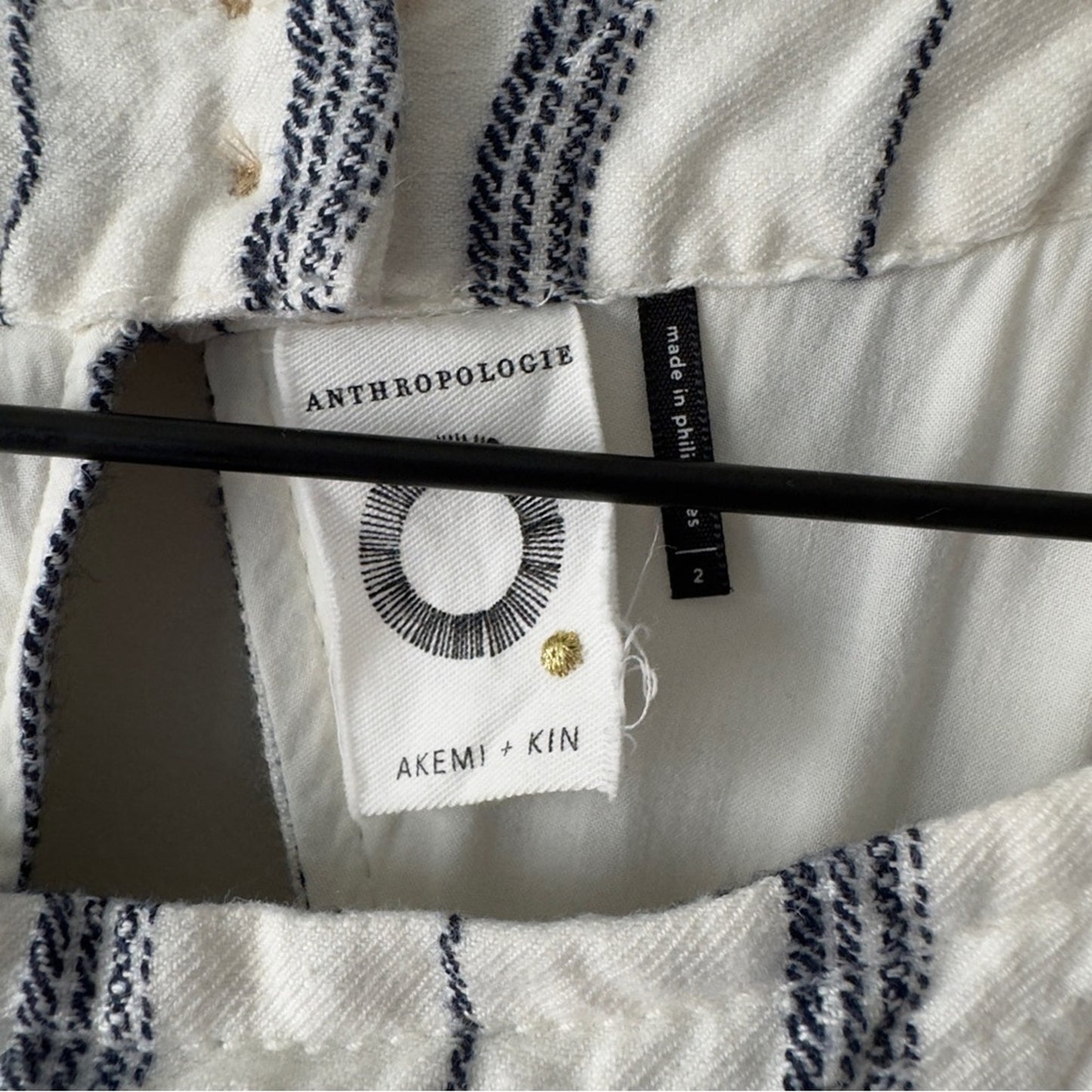Anthropologie Akemi + Kin White Navy Striped Shift Dress Mini Fringe Hem buttons