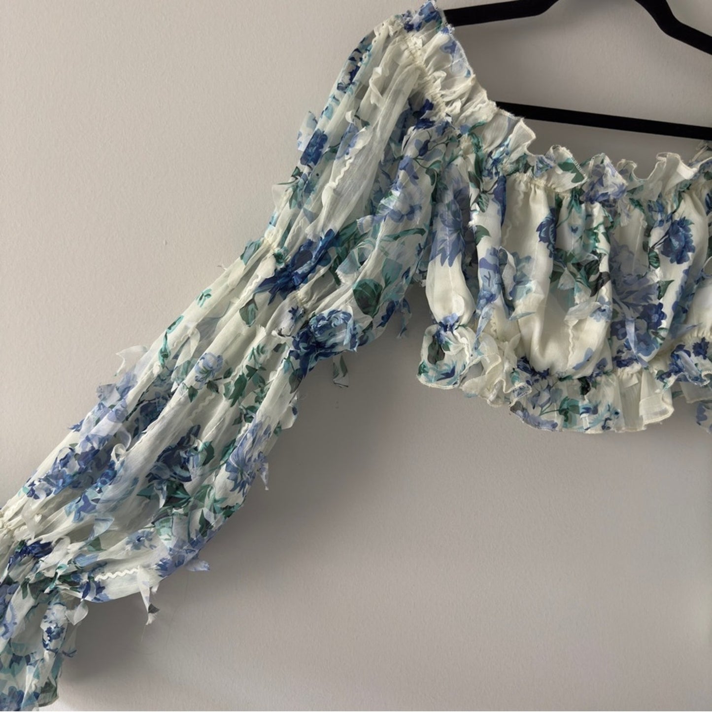 Shein Floral Off-Shoulder Ruffle Top Long Sleeve Cropped Crop Frilly Spring EUC