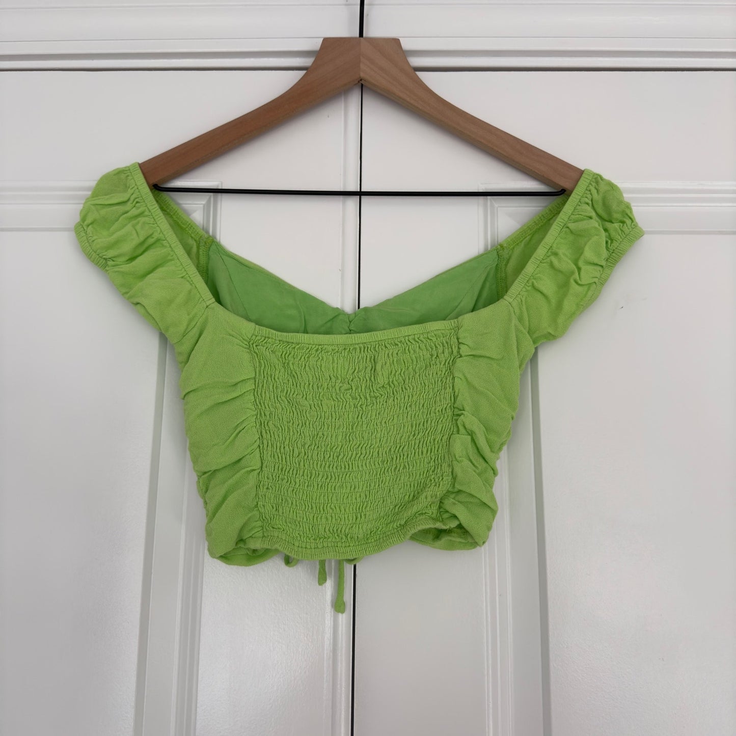Princess Polly Darshan Top Lime cropped cinched ruched front cap sleeve v-neck 2