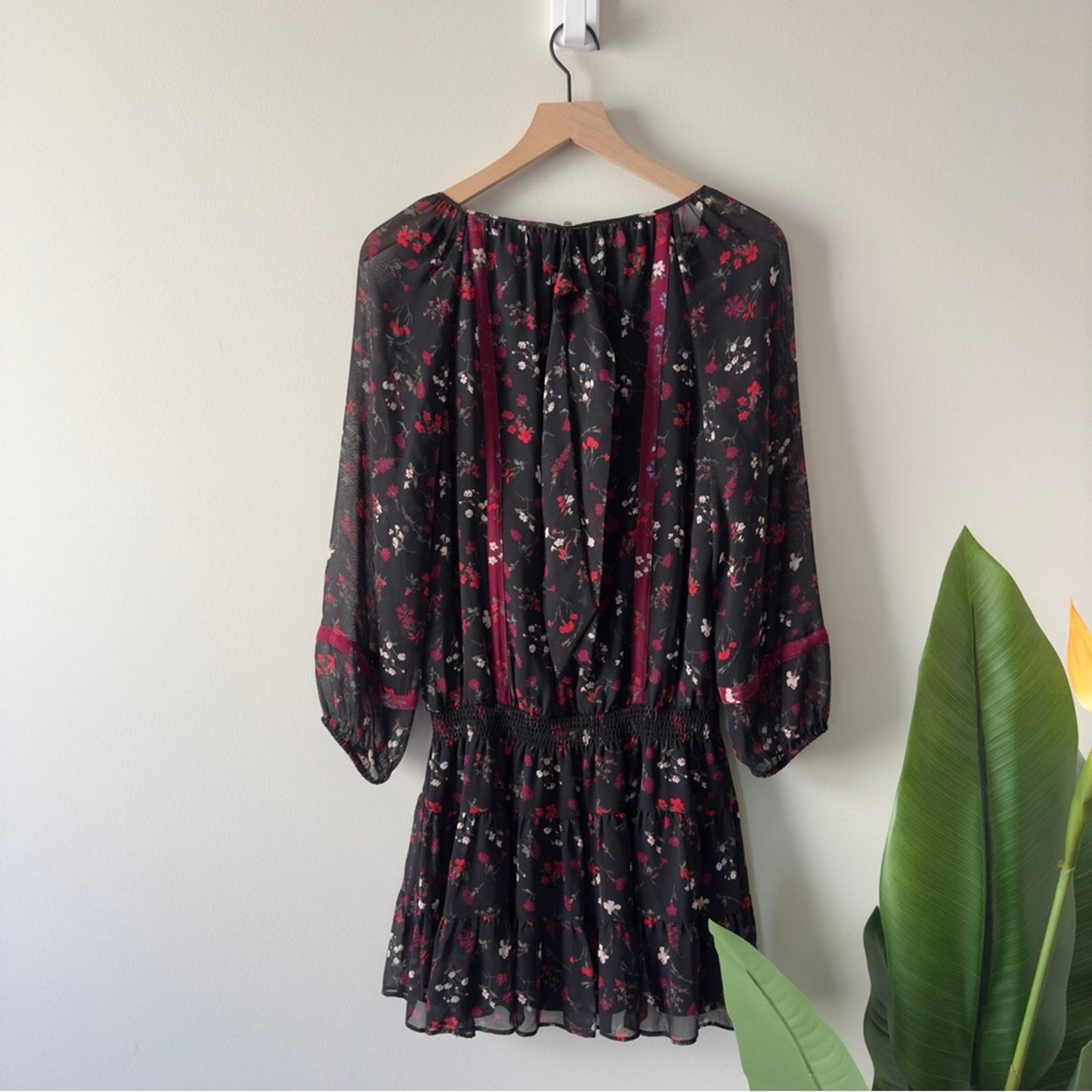 Joie Elegant Silk Dress smocked drop waist black red floral button up lined EUC