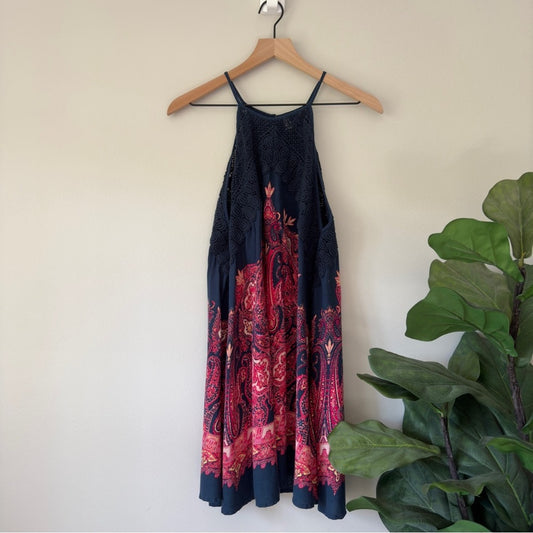 Free People Intimately Boho Paisley Pattern Spaghetti Strap Dress Button Up Lace