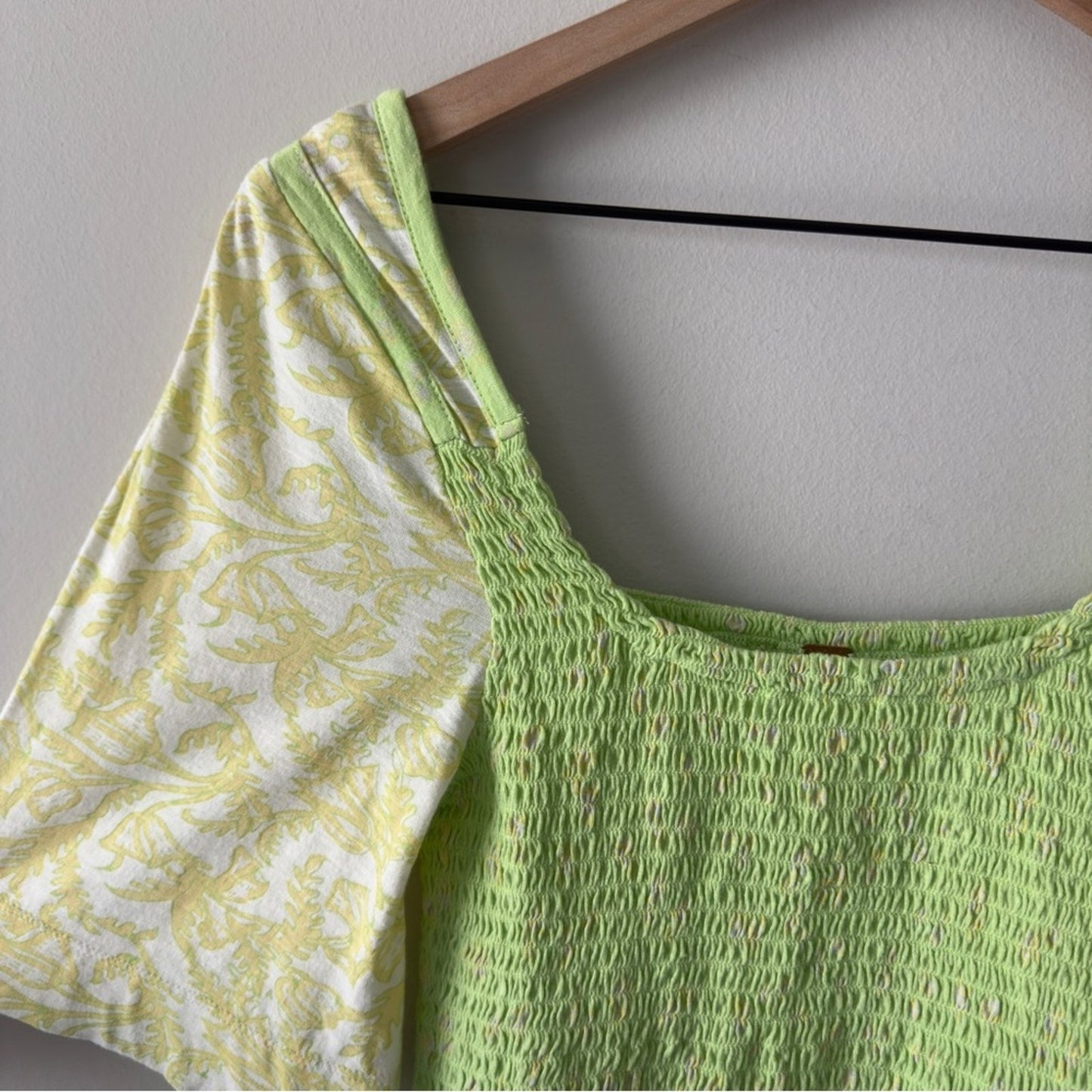 Free People Marigold Top in Key Lime Combo Smocked half Sleeve Cropped top green