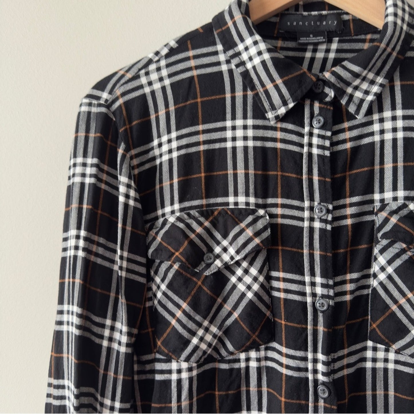 Sanctuary Anthropologie Plaid Button Down Shirt collared roll tab sleeve pockets