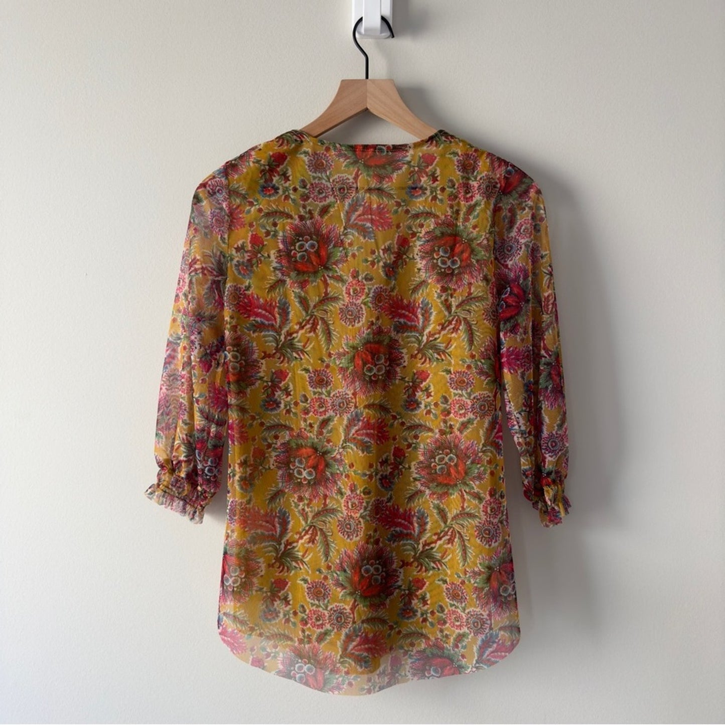 Anthropologie Chiffon Button Up Front 3/4 sleeve top floral stretch layered XS