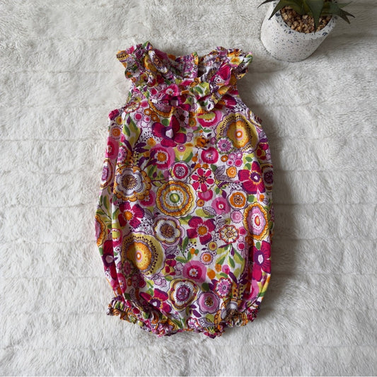 Vera Bradley Baby Colorful Floral Romper Ruffle Neckline smocked legs one piece