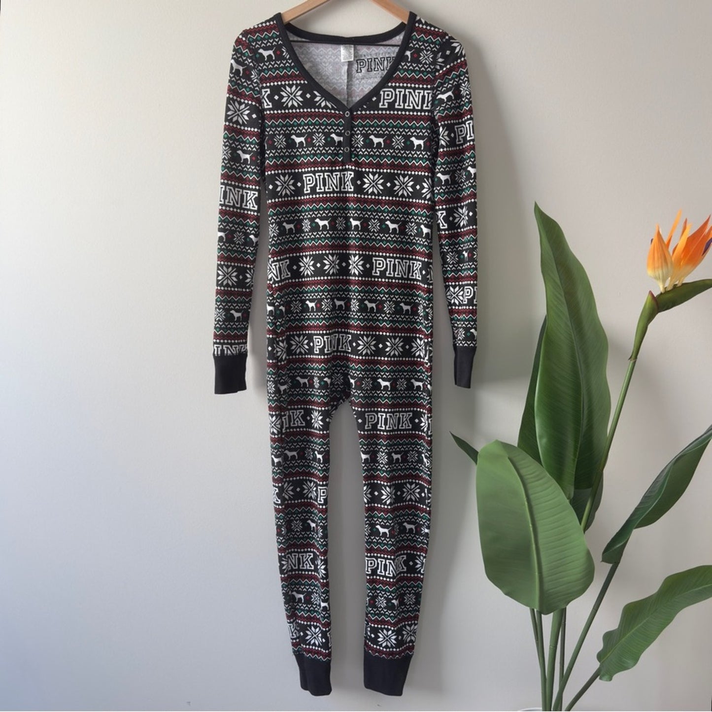 PINK Victoria's Secret Fair Isle Dog Patterned Pajama One Piece Onesie Jumpsuit