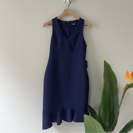Express Blue asymmetric Ruffled hem Sheath Dress zip up back sleeveless V-neck 4