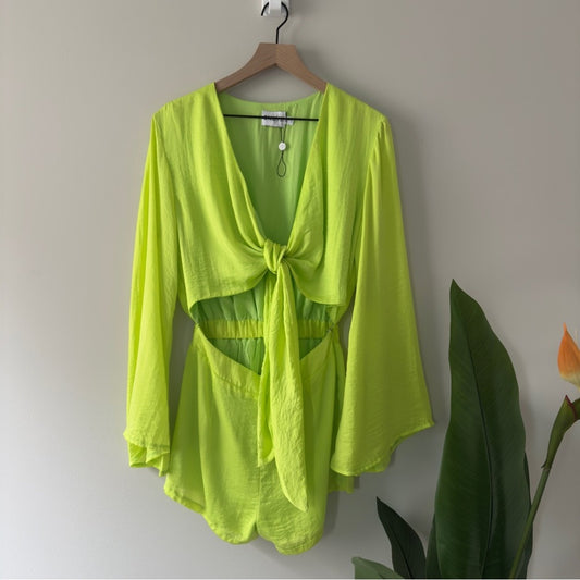 SNDYS x Revolve Pluto Romper in Neon Green Bright flared long sleeves cut out 4