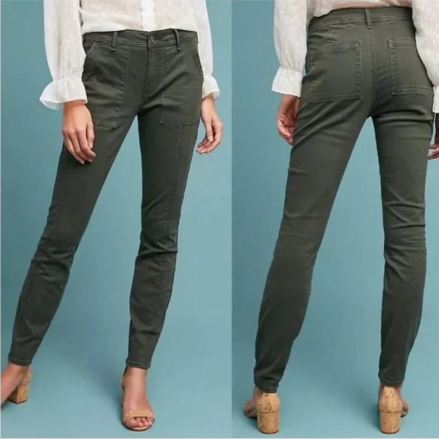 Anthropologie Olive Green Cargo Pants Skinny Cotton Stretch Casual Pockets Zip