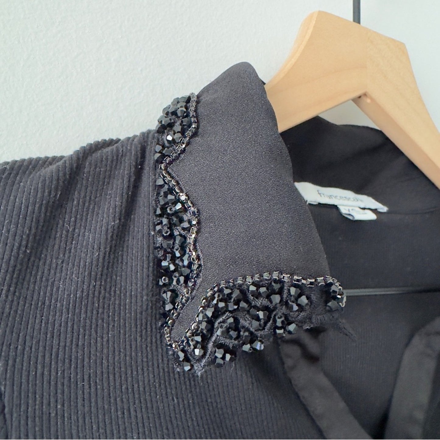 Francesca's Black Beaded Embellished Collar Bodysuit Long Sleeve Collared Ribbed