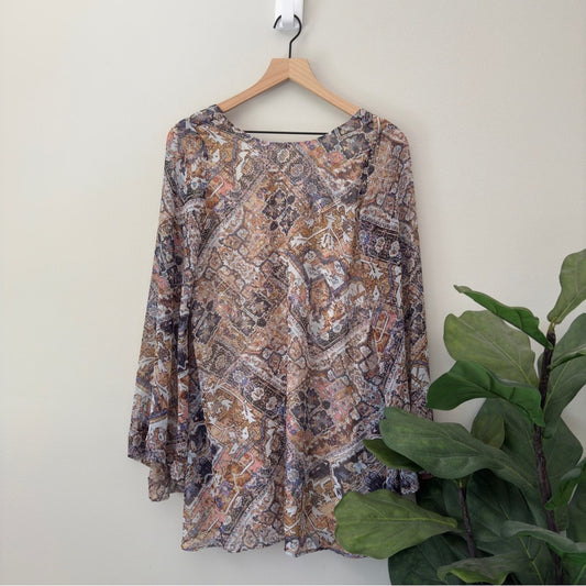 Show Me Your MuMu Sheer Bell Sleeve Boho Pattern Dress Mini Lined Bohemian Flowy