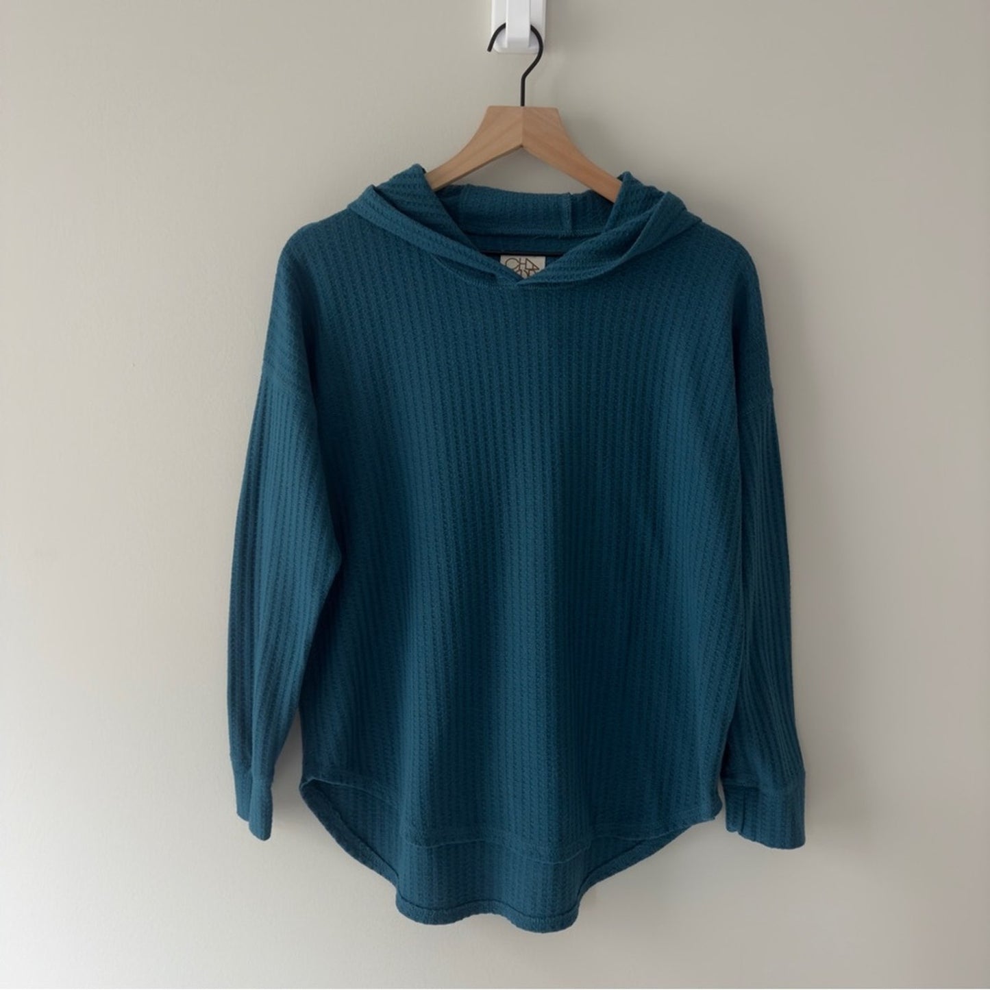 Revolve Chaser Teal Hooded Sweater Top Waffle Knit pullover long sleeve hood L
