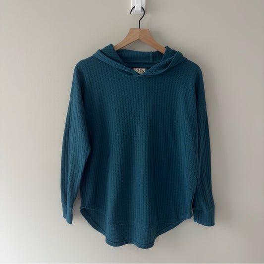 Revolve Chaser Teal Hooded Sweater Top Waffle Knit pullover long sleeve hood L