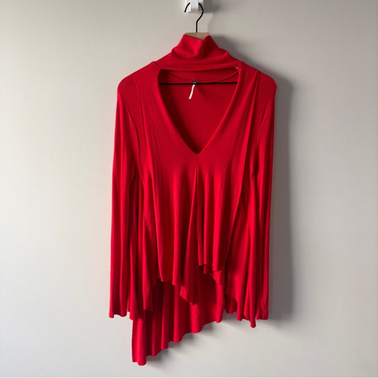 Free People Uptown Turtleneck Sweater Top Red choker cutout asymmetric hem tunic