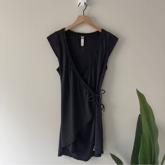 Daily Practice by Anthropologie Montauk V-Neck Dress Black Wrap Mini Cotton Tie