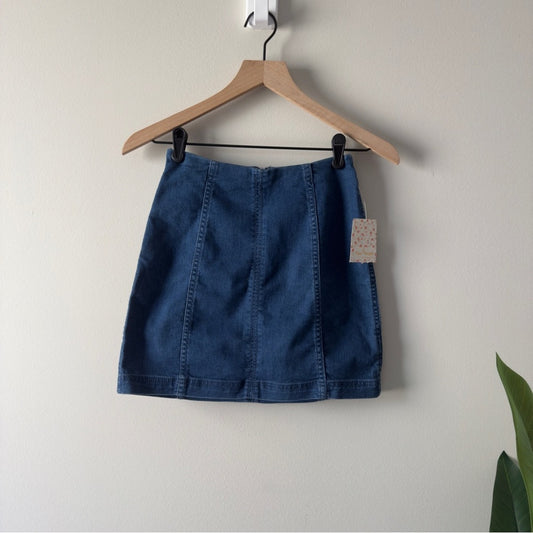Free People Modern Femme Blue Denim Mini Skirt Dark Wash Zip Up Zipper Back Jean