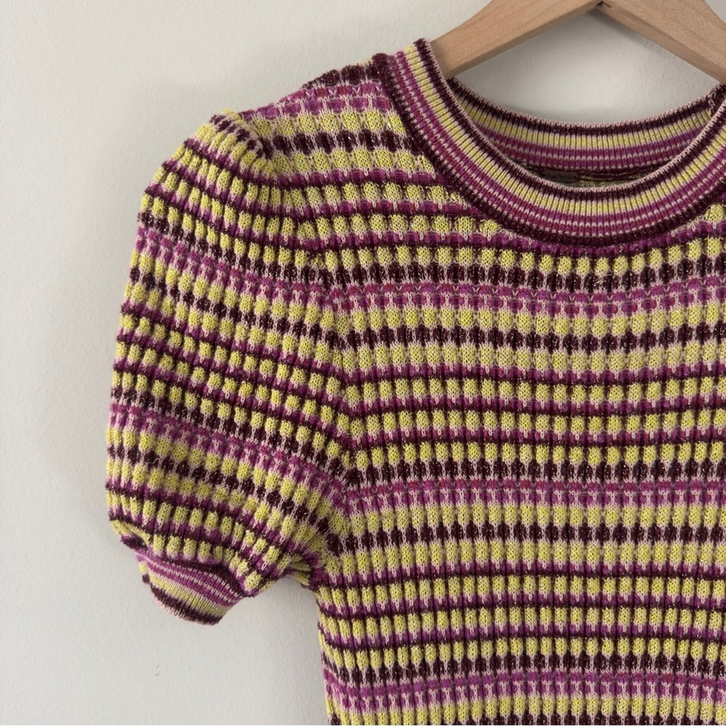 Free People metallic striped knit mini dress short sleeve high neck cotton EUC