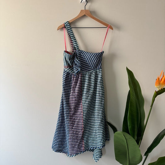 Anthropologie Maeve Waverly Dress One-Shoulder Checkered gingham midi asymmetric