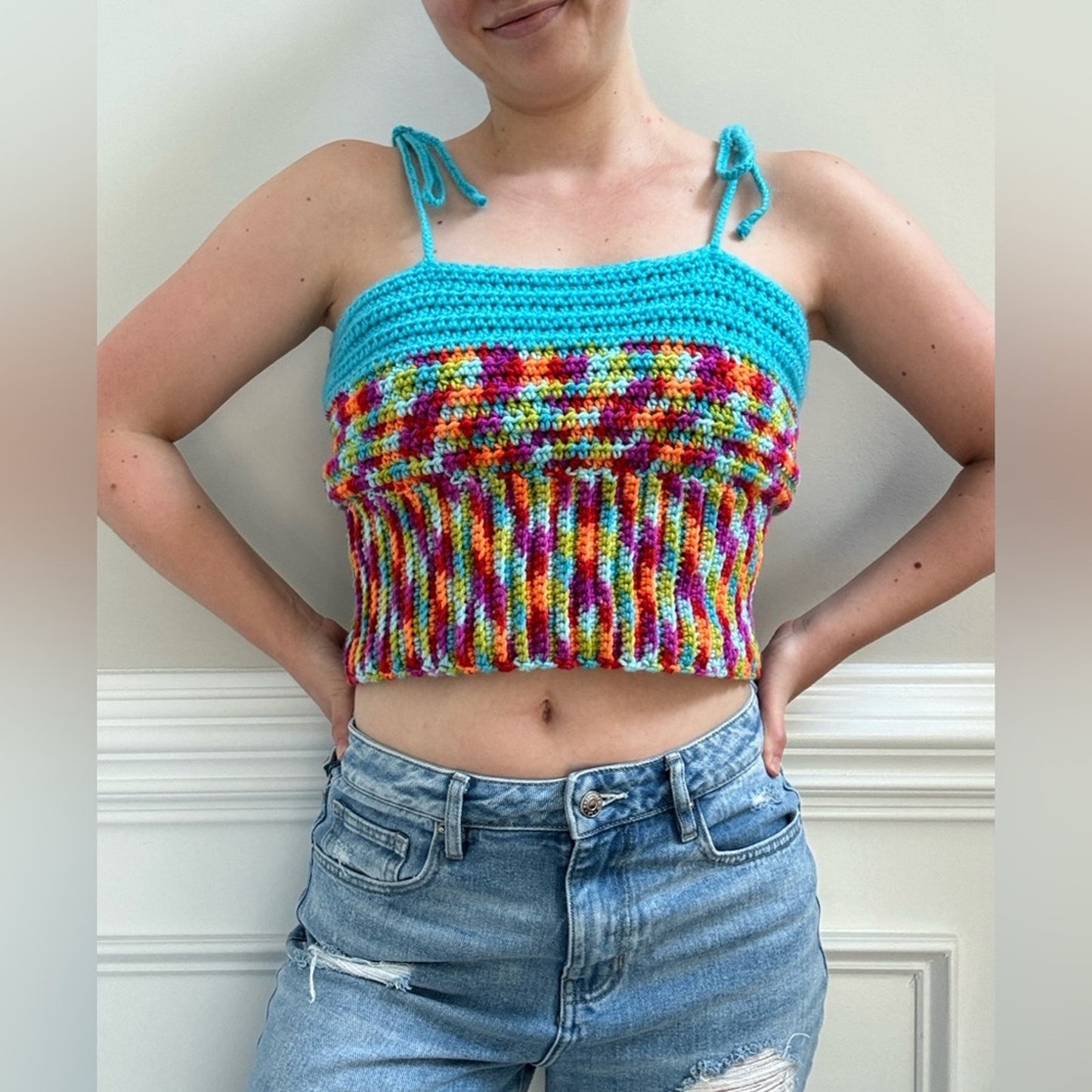 Handmade Crochet Adjustable Tie Strap Crop Top 100% Recycled Rainbow Tank Cami L
