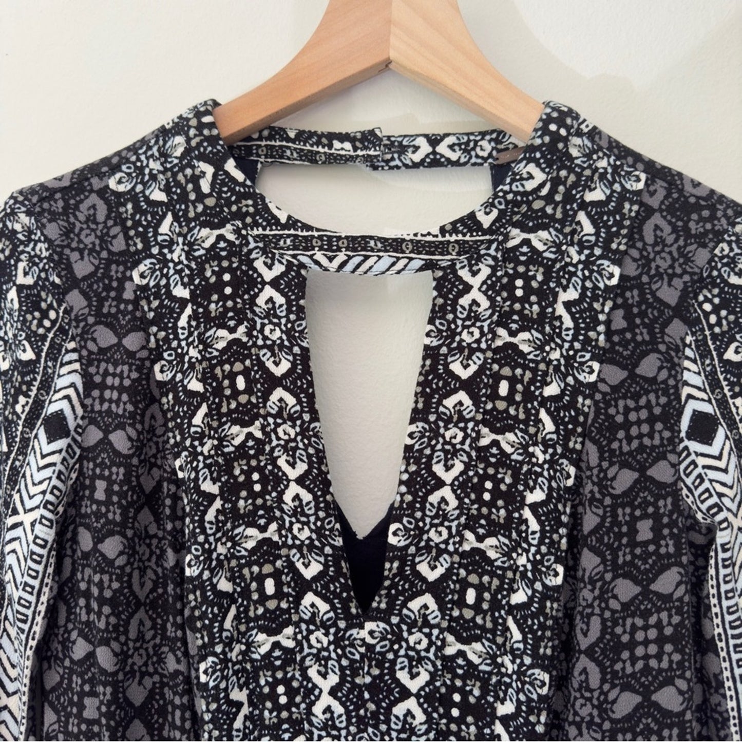 Free People Tegan Border Print Mini Dress Long Bell Sleeves Cutout V-Neck A-Line