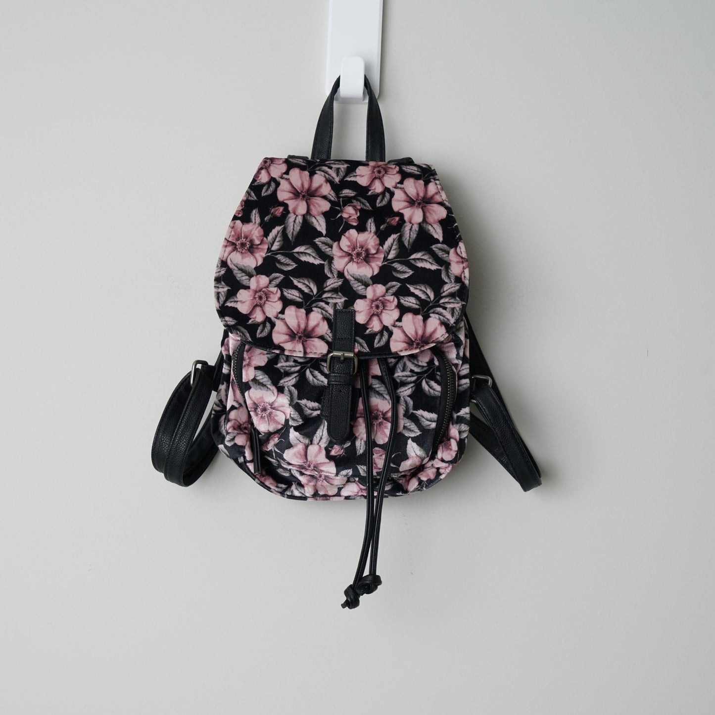 Velour Floral Backpack Faux Leather Straps Drawstring Velvet Mini Front Pocket