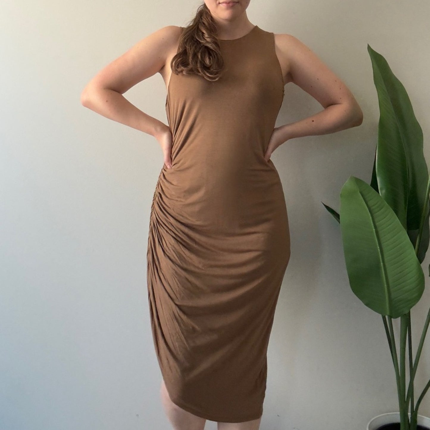 Lovers + Friends Revolved Tan Midi Dress cinched ruched asymmetric sleeveless L