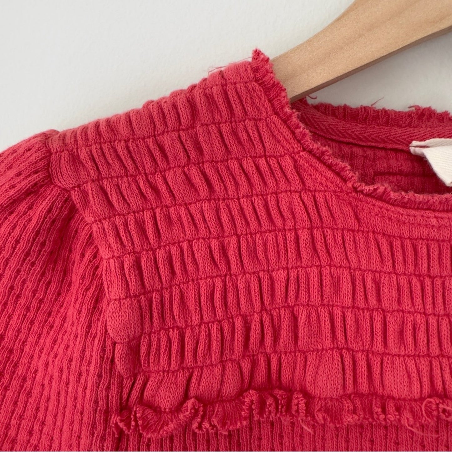 Free People We the Free Smocked Neck Short Sleeve Top Textured Knit Raw Hem EUC