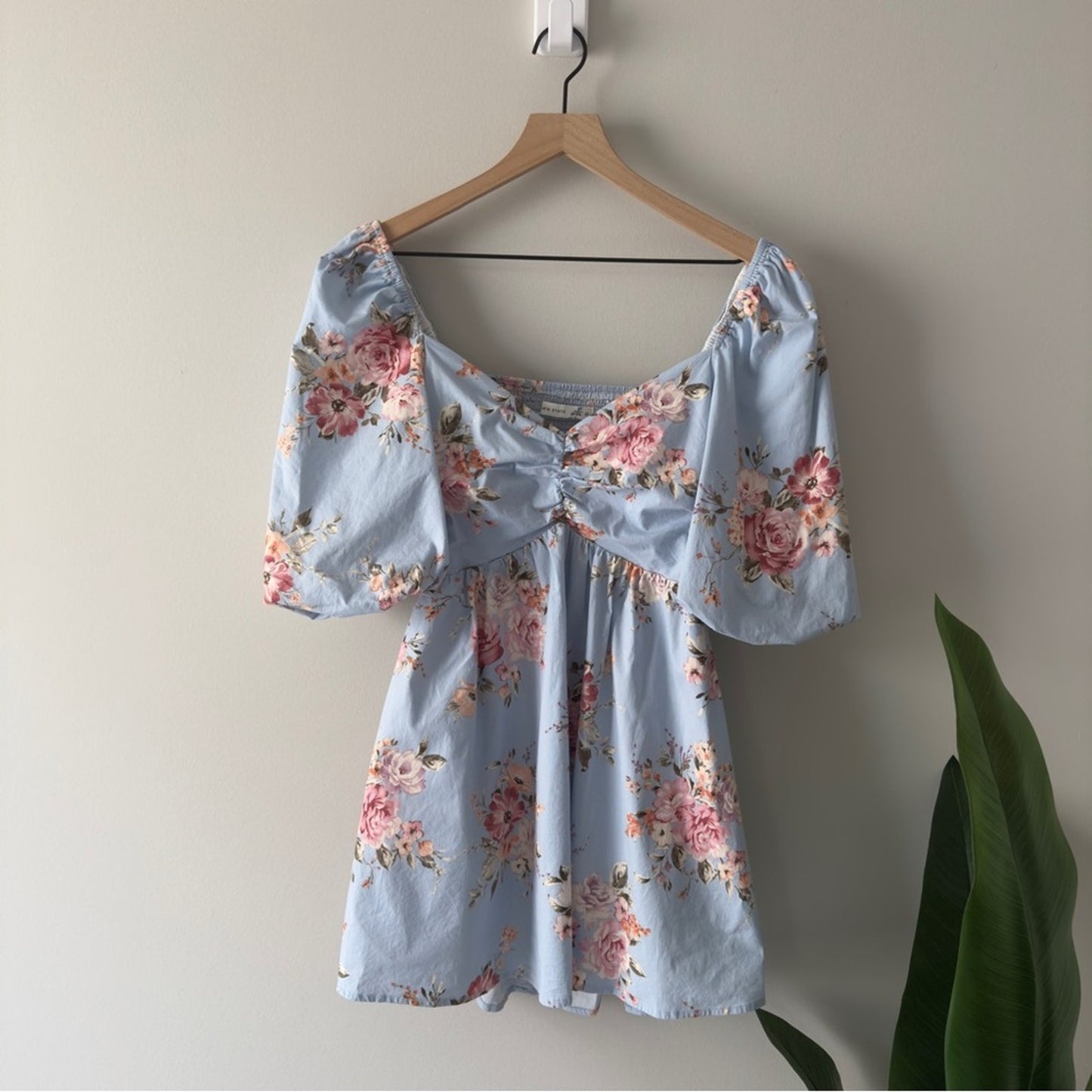 Altar’d State Floral Blue Puff Sleeve Mini Dress Scoop Neck Cutout Smocked Back